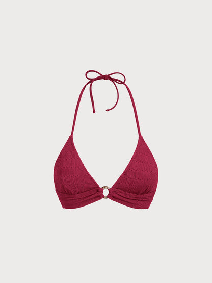 Red Textured Halter O-Ring Bikini Top