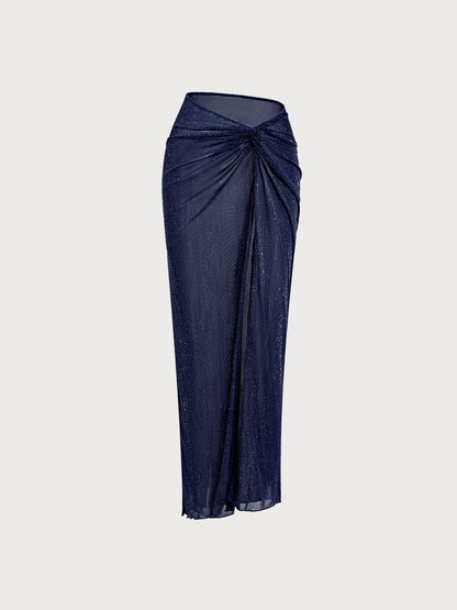 Blue Lurex Wrap Cover-Up Midi Skirt