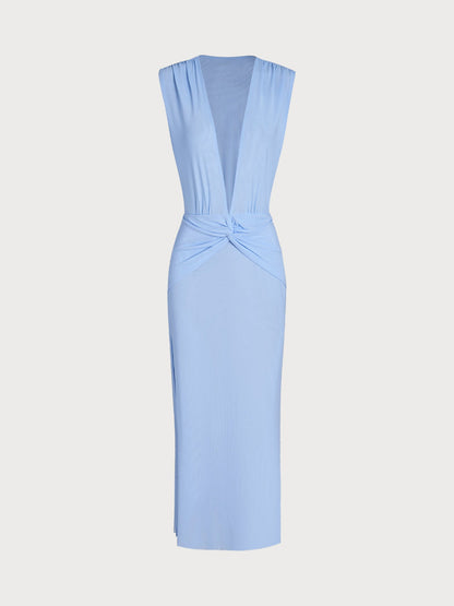 Blue Deep V-Neck Knotted Mesh Cover-up Dress