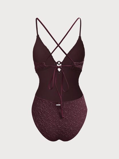 Dark Coffee Textured Cutout One-Piece Swimwear