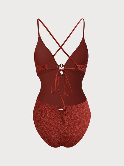Orange Textured Cutout One-Piece Swimwear