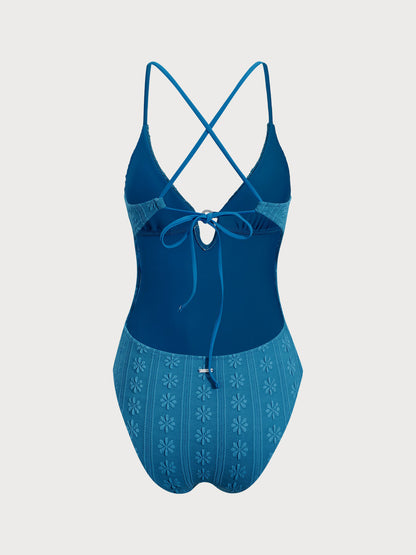 Blue Textured Cutout One Piece Swimwear