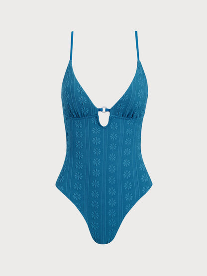 Blue Textured Cutout One Piece Swimwear