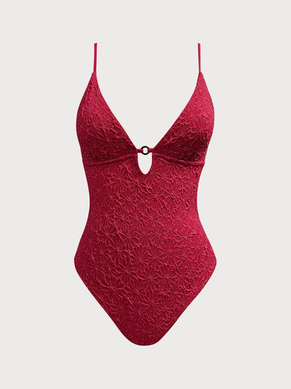 Wine Red Textured Cutout One Piece Swimwear-Available In Long Torso