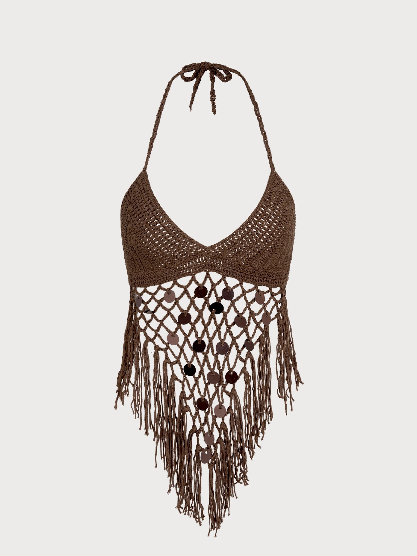 Coffee Crochet Halter Fringe Cover-Up