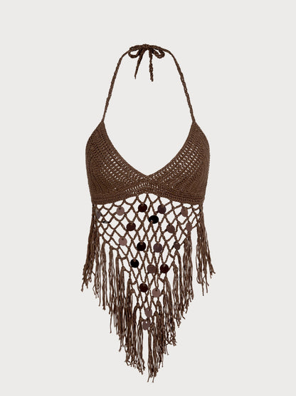 Coffee Crochet Halter Fringe Cover-Up
