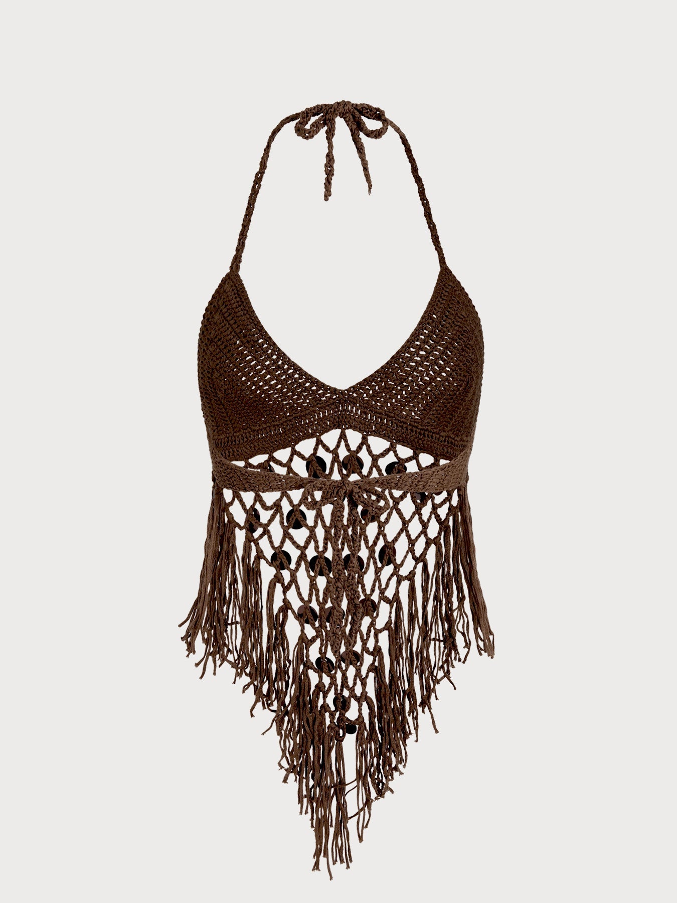 Coffee Crochet Halter Fringe Cover-Up