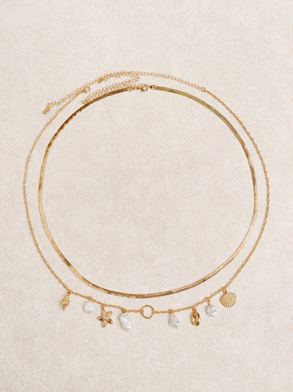Gold Plated Seashell & Baroque Pearl Layered Waist Chain