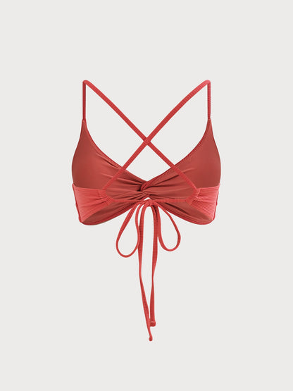 Coral Red Twist Backless Bikini Top
