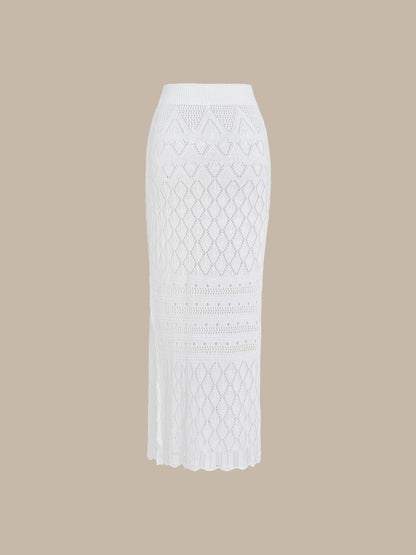 White Crochet Knitted Side-Slit Cover-Up Skirt