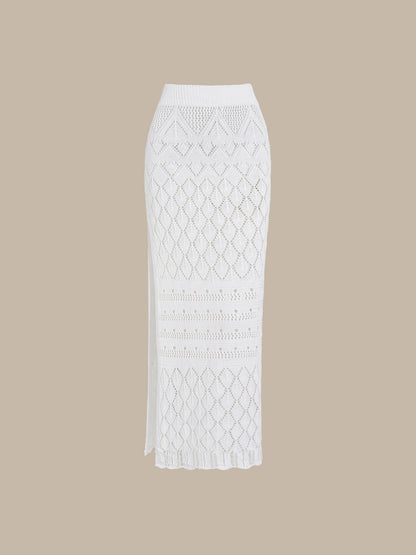White Crochet Knitted Side-Slit Cover-Up Skirt