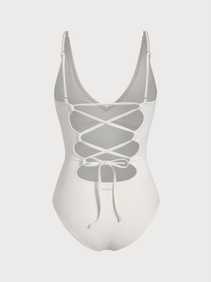 Off White V Neck Tummy Control One-Piece Swimsuit-Available In Long Torso