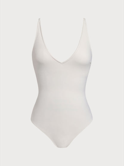 Off White V Neck Tummy Control One-Piece Swimsuit-Available In Long Torso