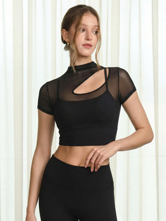 Black Mesh Short Sleeve Top--Light Support