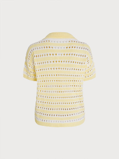 Yellow Striped V-Neck Crochet Cover-Up Shirt