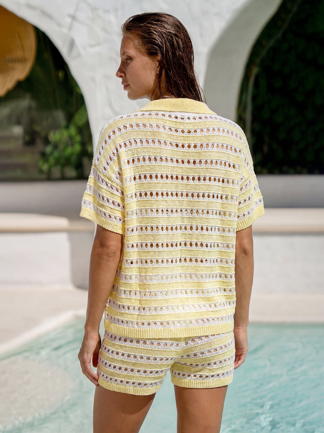 Yellow Striped V-Neck Crochet Cover-Up Shirt