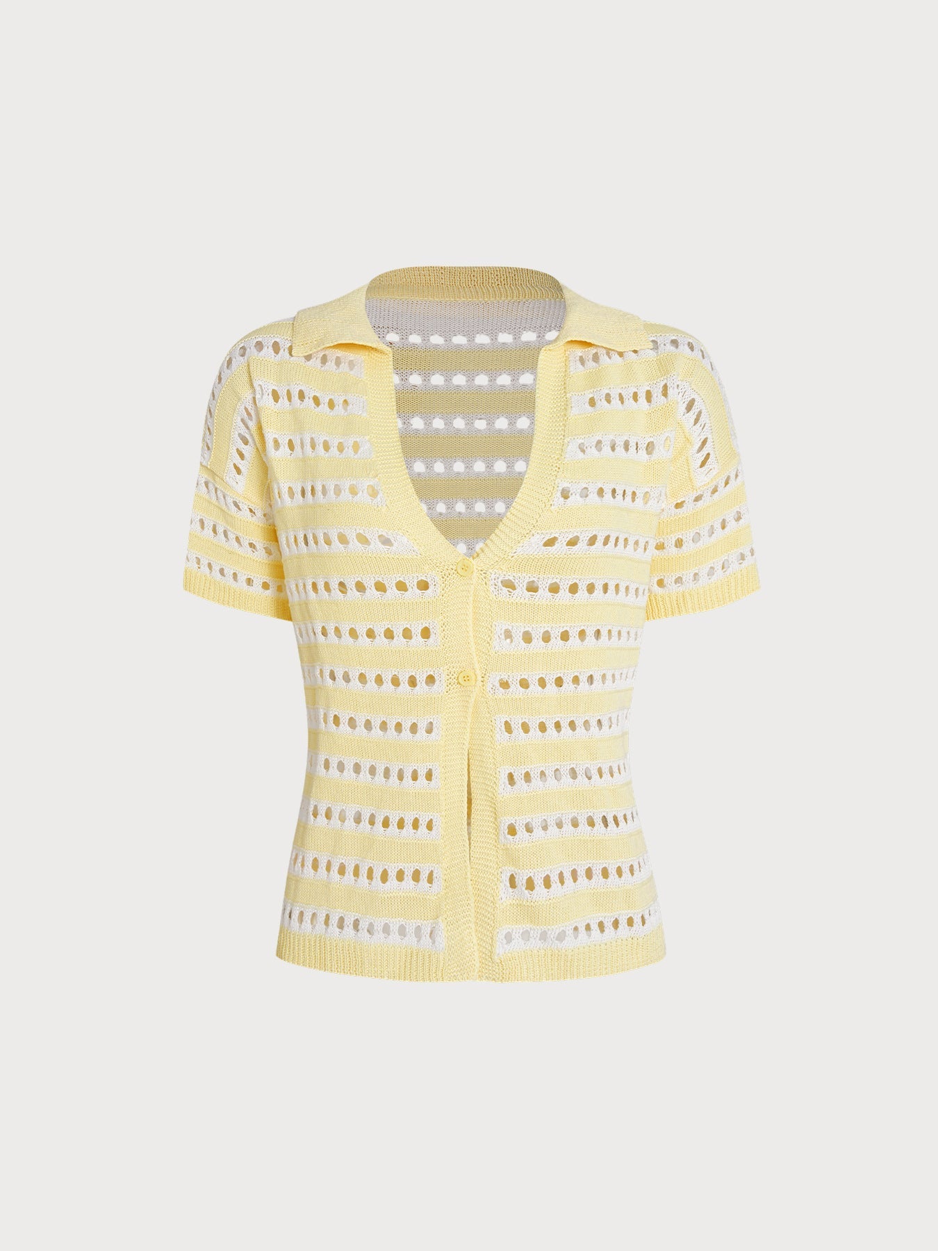 Yellow Striped V-Neck Crochet Cover-Up Shirt