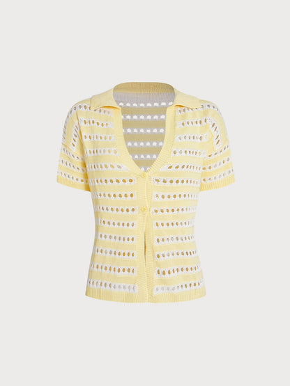Yellow Striped V-Neck Crochet Cover-Up Shirt