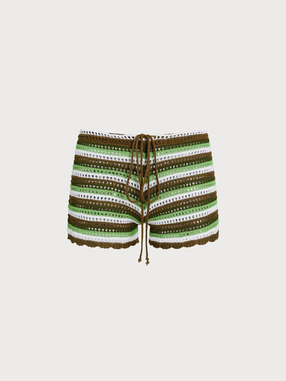 Green Striped Crochet Cover-Up Shorts