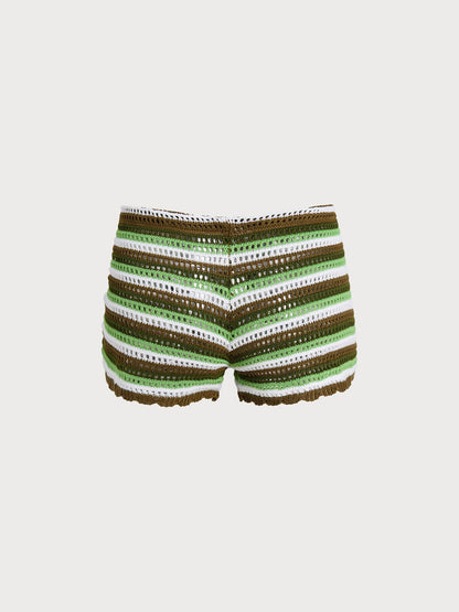 Green Striped Crochet Cover-Up Shorts