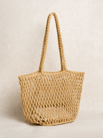Khaki Knit Woven Mesh Tote Bag