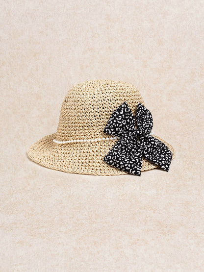 Khaki Pearl Trim Bow straw hat