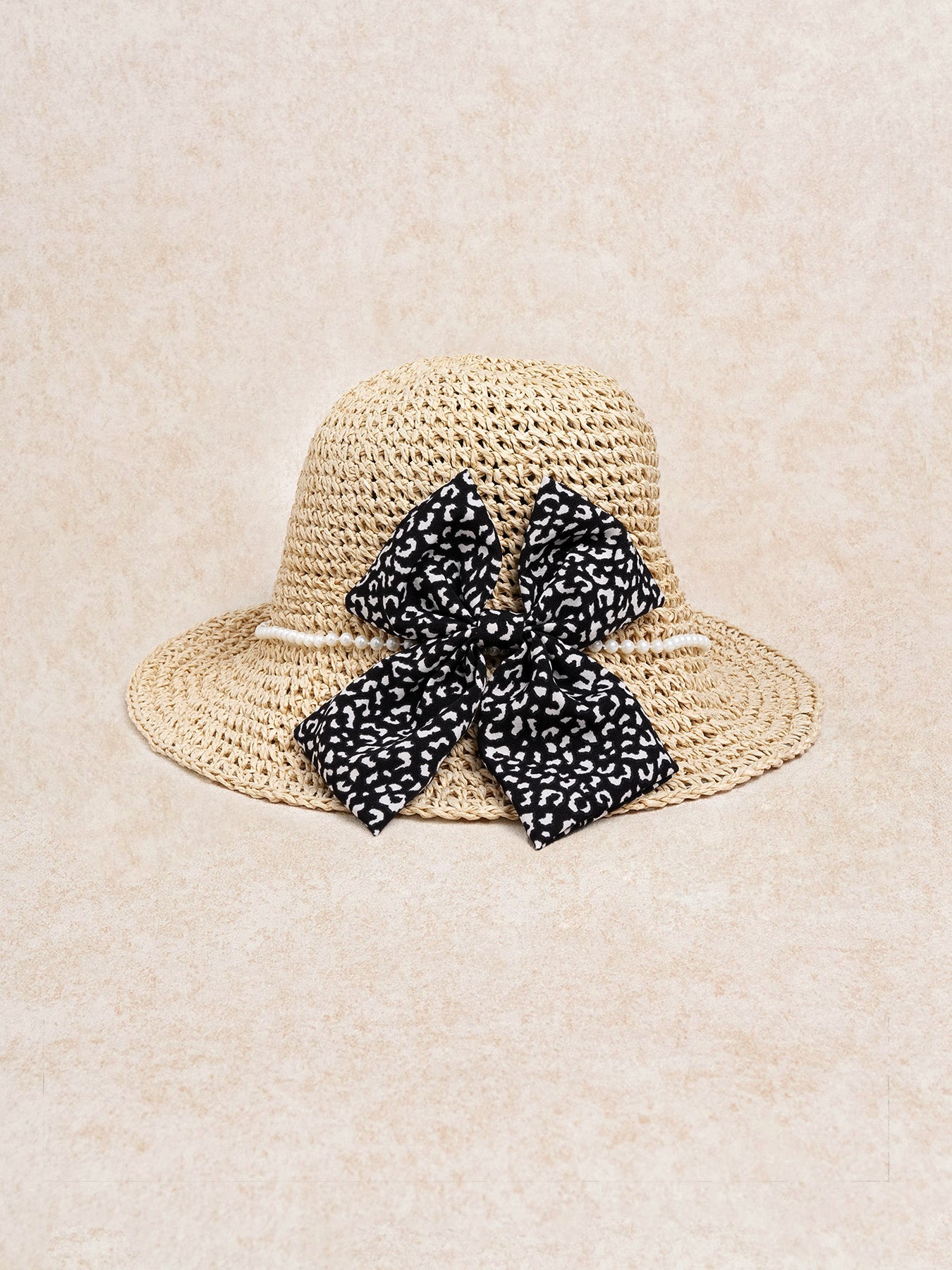 Khaki Pearl Trim Bow straw hat