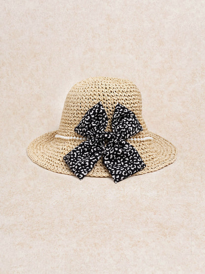 Khaki Pearl Trim Bow straw hat