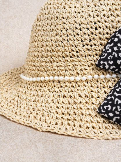 Khaki Pearl Trim Bow straw hat