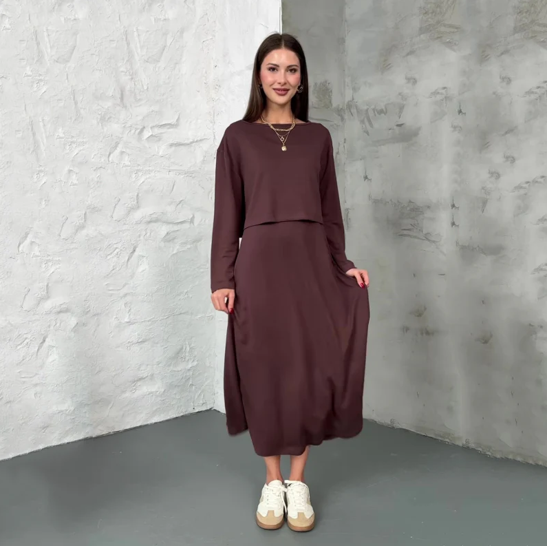 Two-piece knitted set for women: midi dress with tank top and cropped top
