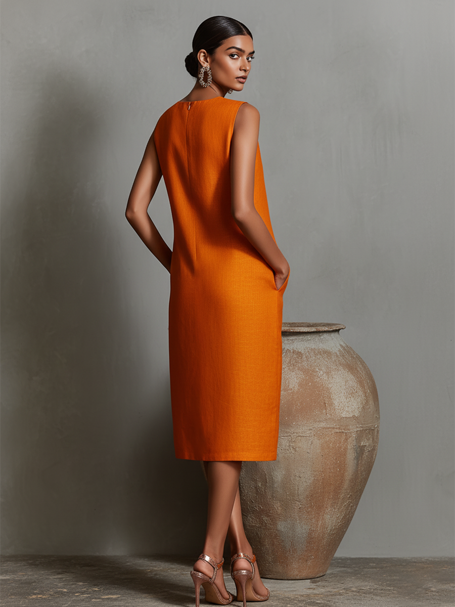 Linen Sleeveless Round Neck Shift Dress