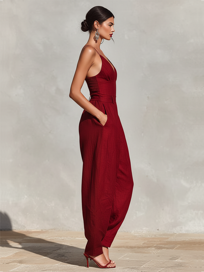 Red Linen Spaghetti Strap High-Waist Jumpsuit
