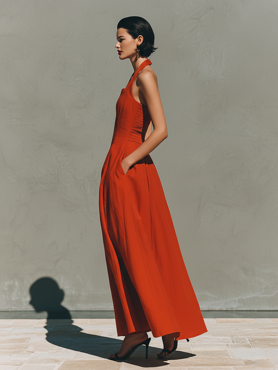 Red Linen Halter Neck Pleated Skirt Maxi Dress