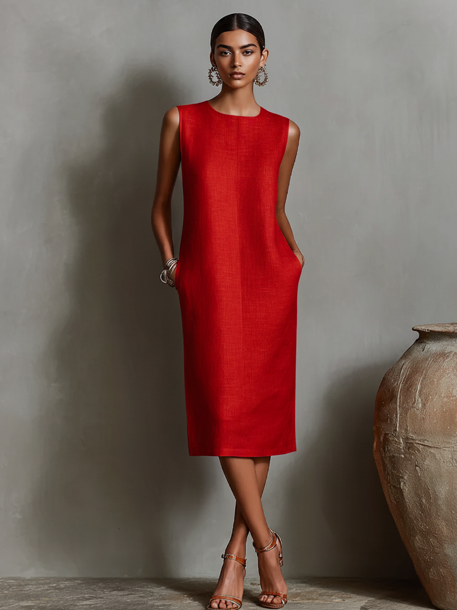 Linen Sleeveless Round Neck Shift Dress
