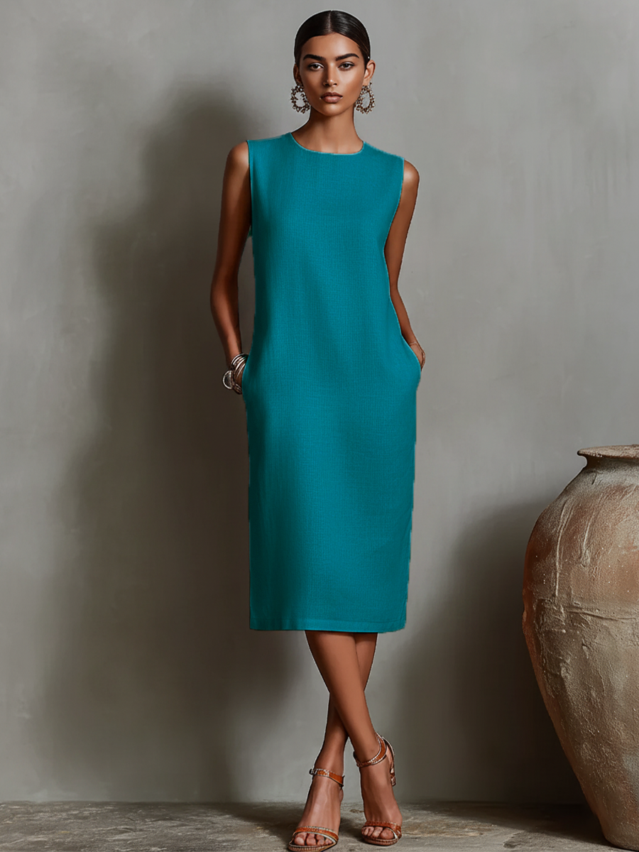 Linen Sleeveless Round Neck Shift Dress