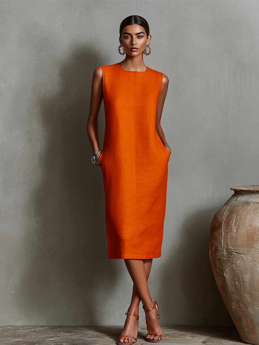 Linen Sleeveless Round Neck Shift Dress